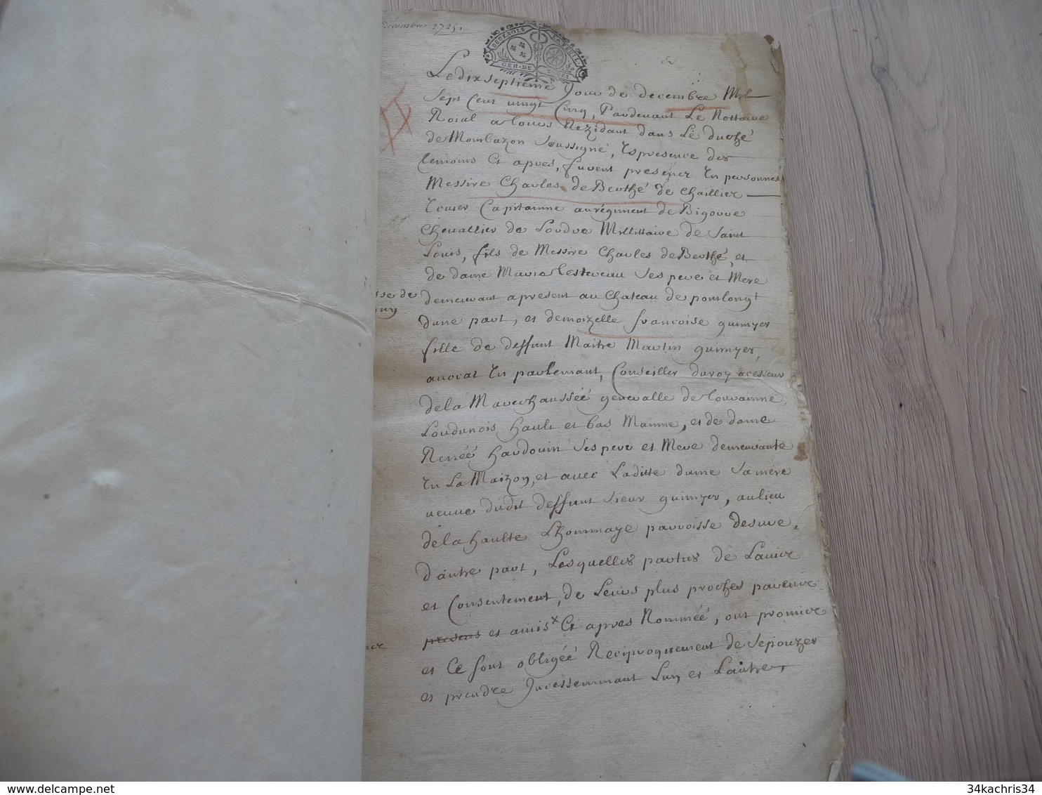 Manuscrit Acte Contrat De Mariage 17/12/1725 Charles De Beuthé/Quiyest  Berthé De Chaillier Capitaine 20 P A3 Environs - Manuscripts