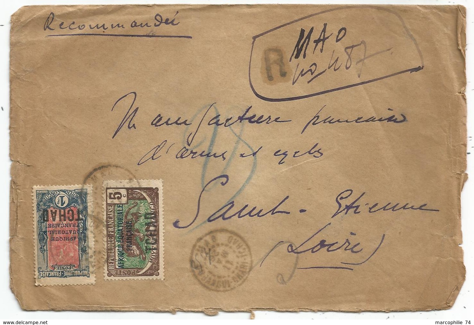 TCHAD 1FR+5C LETTRE ENVELOPPE MAL OUVERTE REC PROVISOIRE MAO 11 MAI 1926 - Covers & Documents