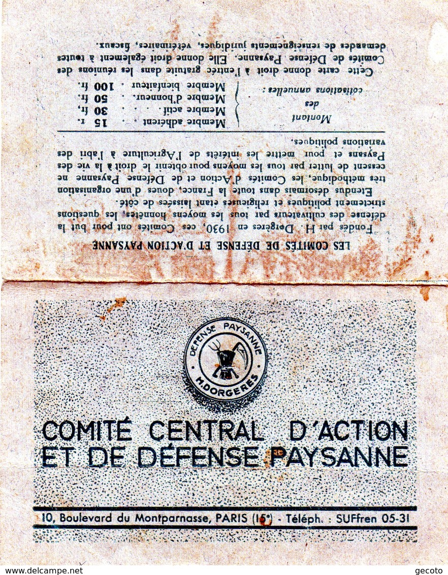 Comité Central D'action Et De Défense Paysanne - Carte De Membre 1938 - Documents Historiques