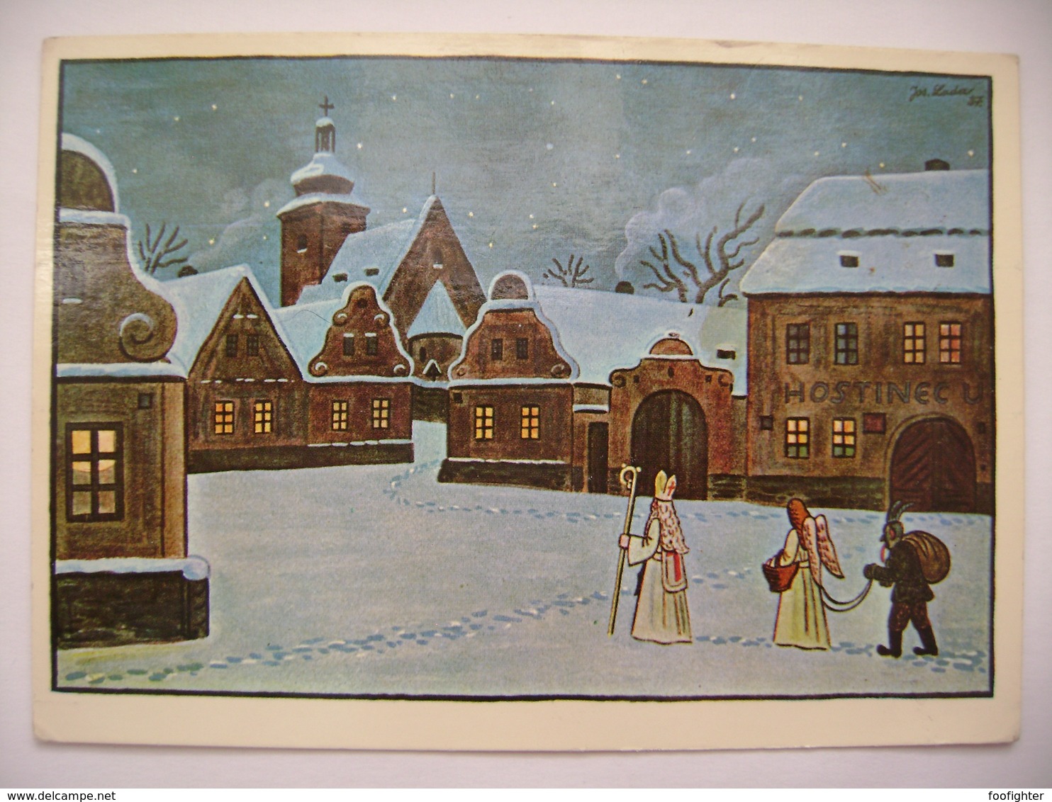 Czech Painter Josef Lada - Czech Winter, Saint Nicholas With Angel And Devil - Christmas Greetings - Posted 1987 - Malerei & Gemälde