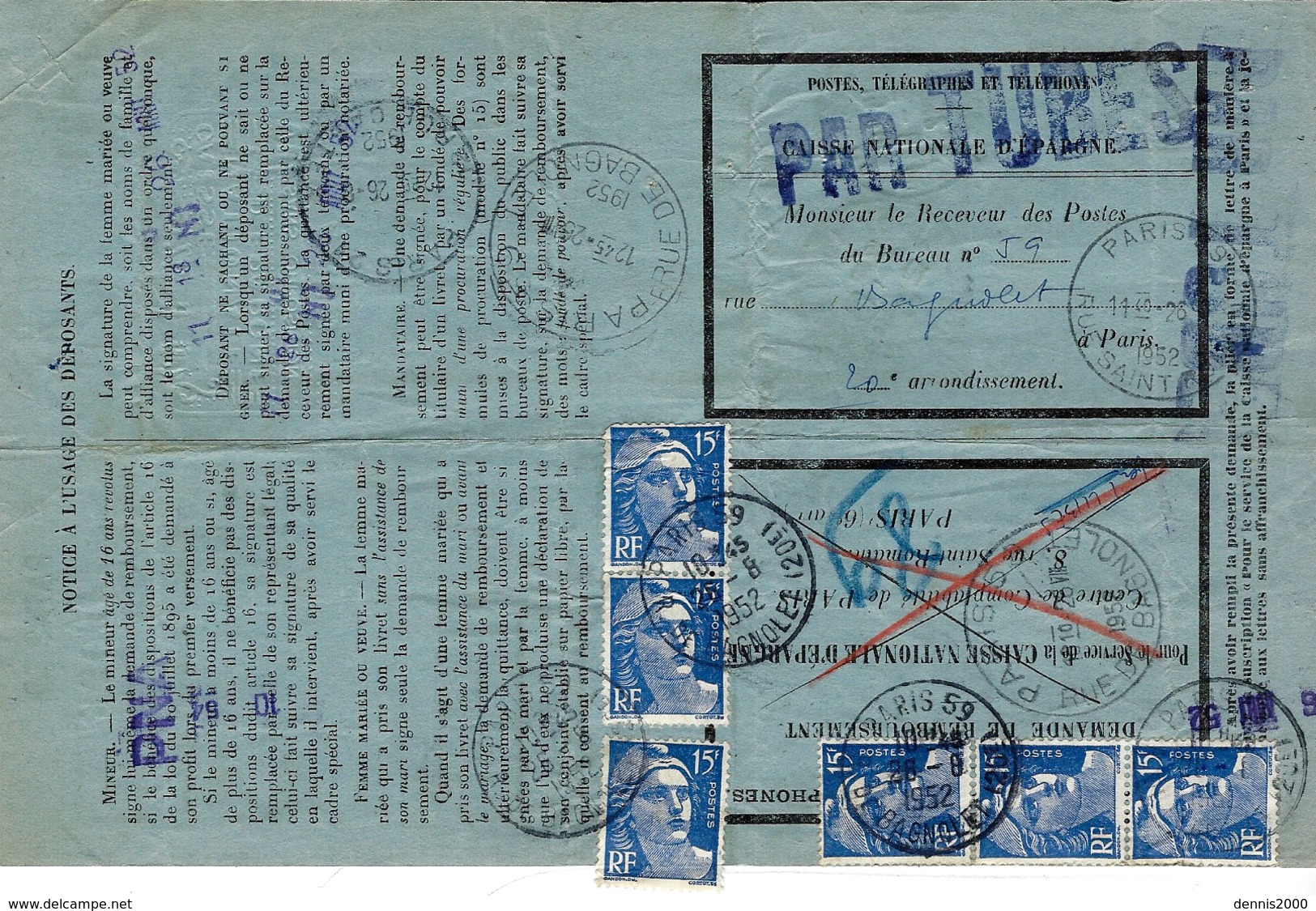 1952- Formulaire N°13 P  De La Caisse D'Epargne - Remboursement Partiel Affr.  Bande De 3 15 F Gandon X 2 - - 1921-1960: Periodo Moderno