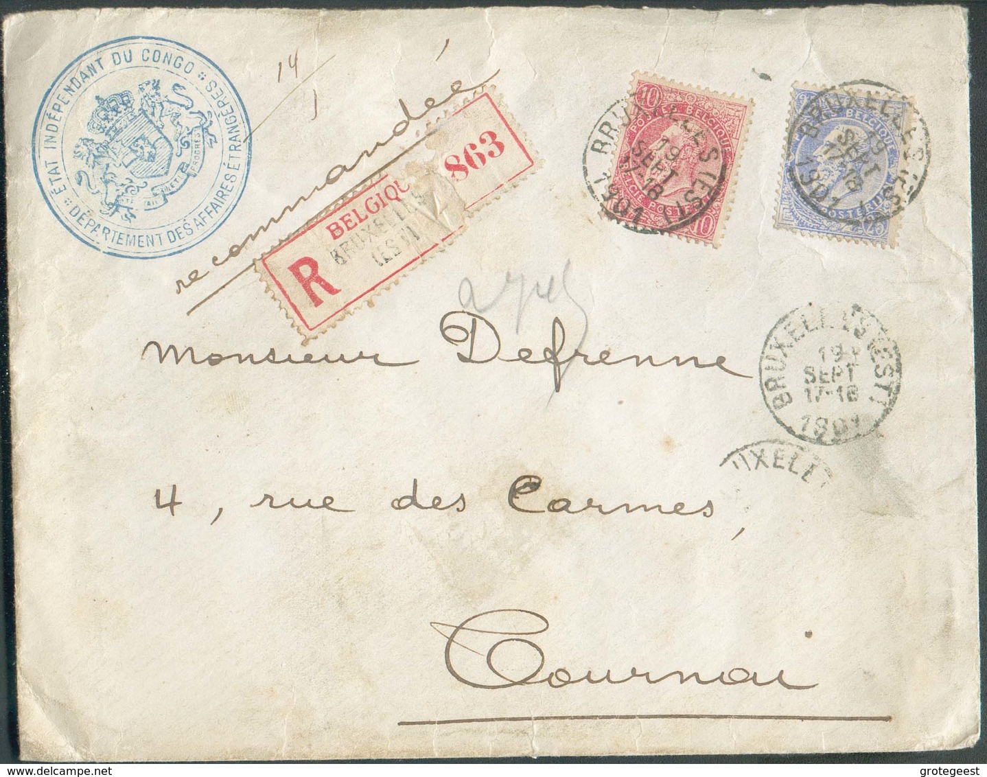 N°58-60 - 10 Et 20 Centimes FINES BARBES Obl. Sc BRUXELLES (EST) Sur Enveloppe Recommandée Du 19 Sept. 1901 + Cachet Ble - 1893-1900 Thin Beard