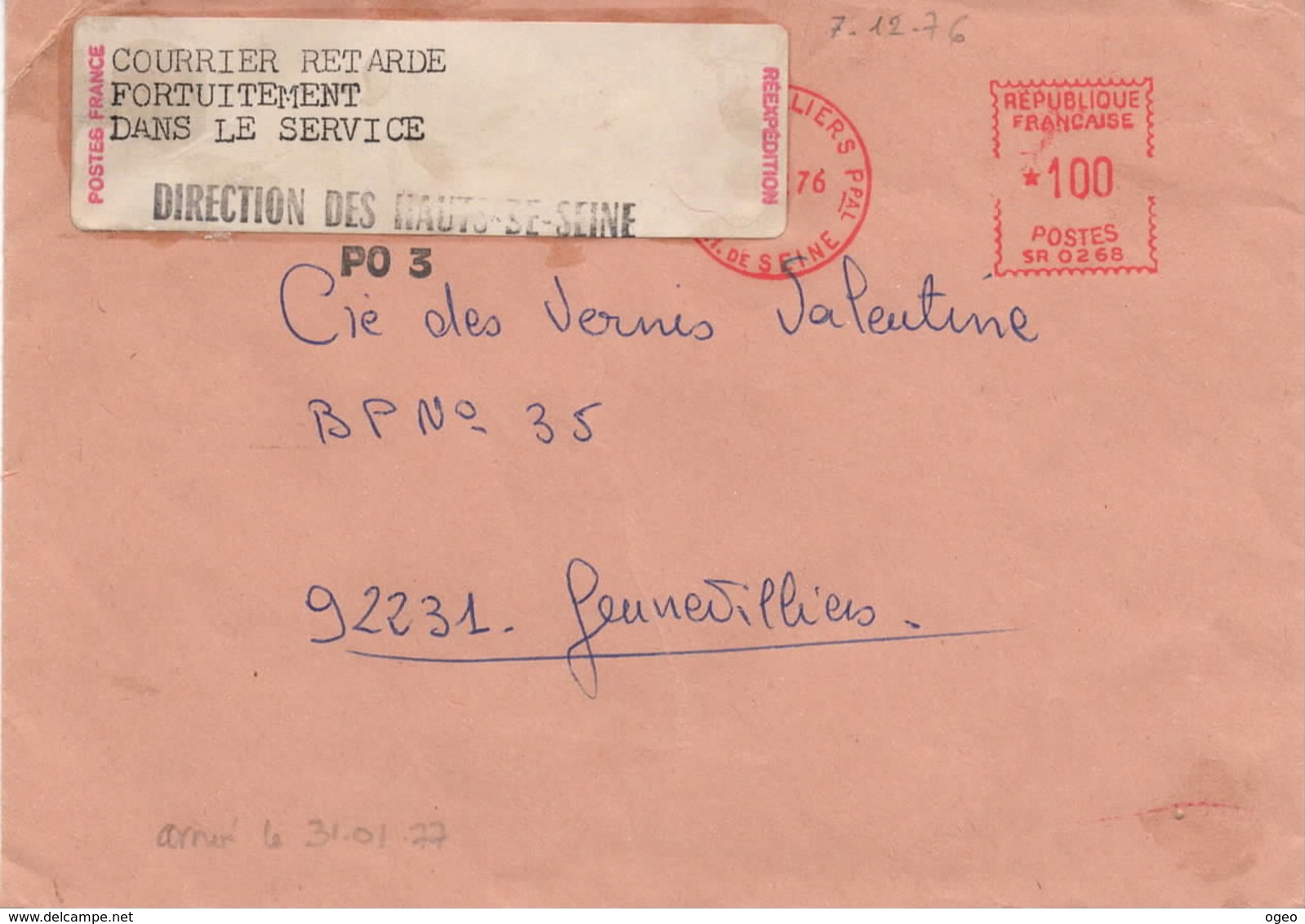 EMA De Genevilliers En Date Du 7.12.1976 Retardée Fortuitement Dans Le Service - 1921-1960: Période Moderne