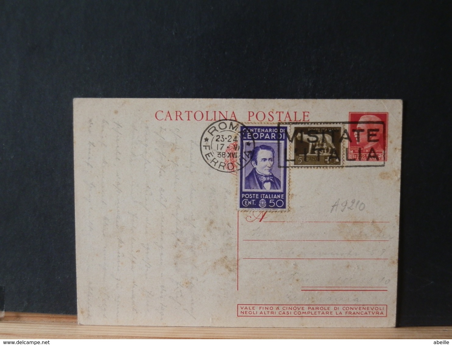 A9210  CP  ITALIE    POUR GERMANIA  1938 - Stamped Stationery