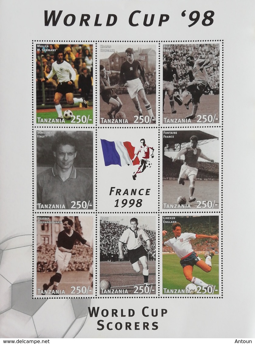 Tanzania  1998 World Cup Soccer Championships, France , Sheet Of 8+label - Tanzania (1964-...)