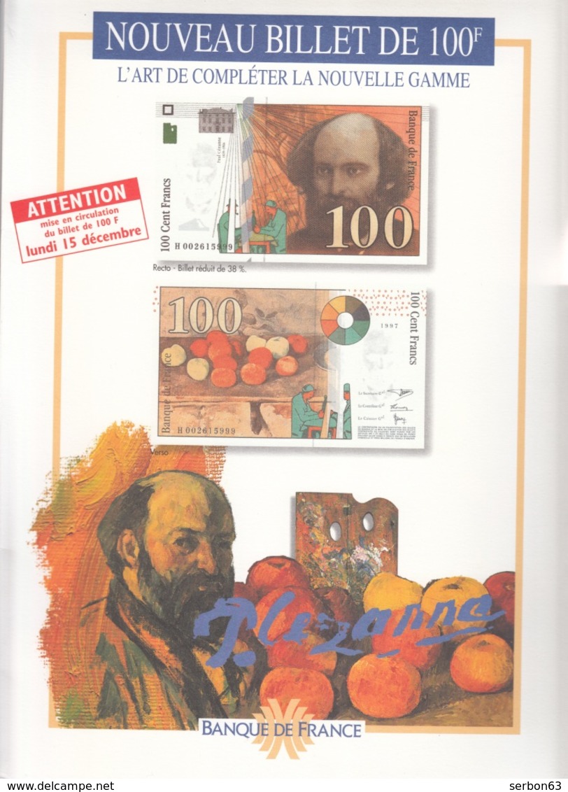 NOUVEAU BILLET DE 100 FRANCS CÉZANNE DOCUMENTATION PRÉSENTATION BANQUE DE FRANCE + SIGNES POUR L'AUTHENTIFIER PUBLICITÉ