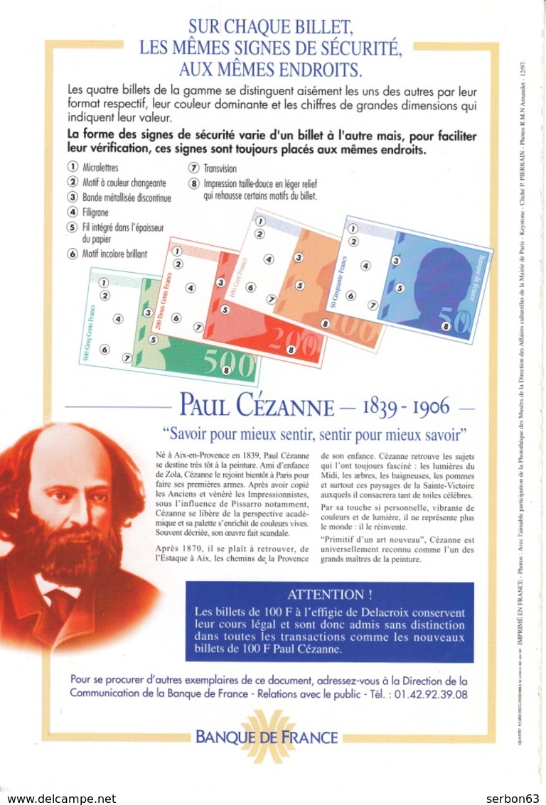 NOUVEAU BILLET DE 100 FRANCS CÉZANNE DOCUMENTATION PRÉSENTATION BANQUE DE FRANCE + SIGNES POUR L'AUTHENTIFIER PUBLICITÉ