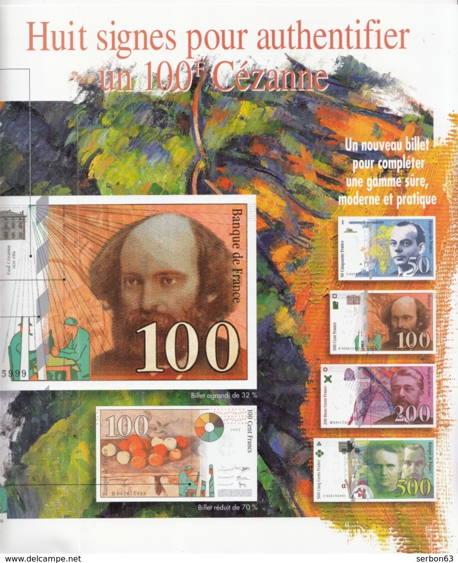 NOUVEAU BILLET DE 100 FRANCS CÉZANNE DOCUMENTATION PRÉSENTATION BANQUE DE FRANCE + SIGNES POUR L'AUTHENTIFIER PUBLICITÉ