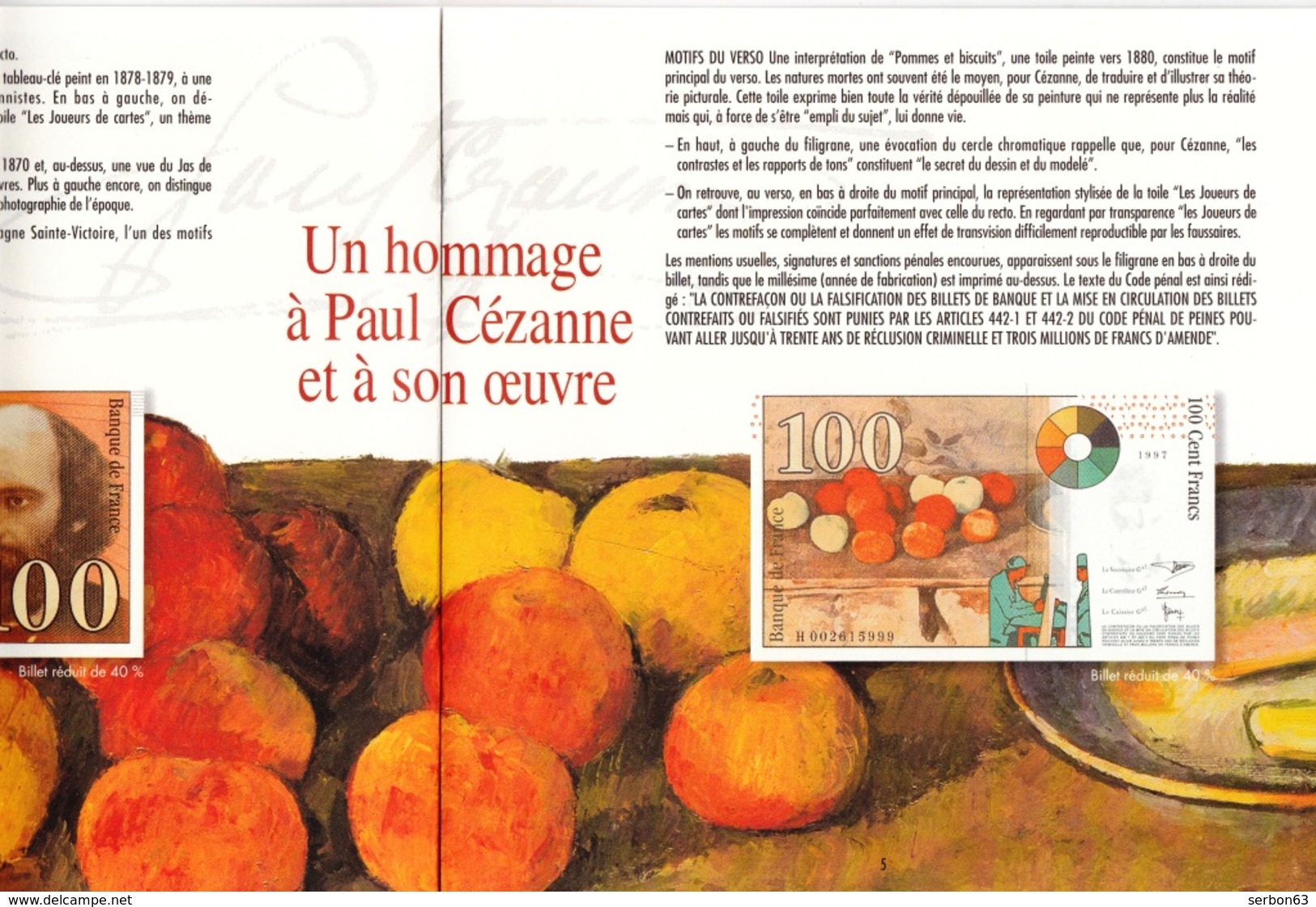 NOUVEAU BILLET DE 100 FRANCS CÉZANNE DOCUMENTATION PRÉSENTATION BANQUE DE FRANCE + SIGNES POUR L'AUTHENTIFIER PUBLICITÉ