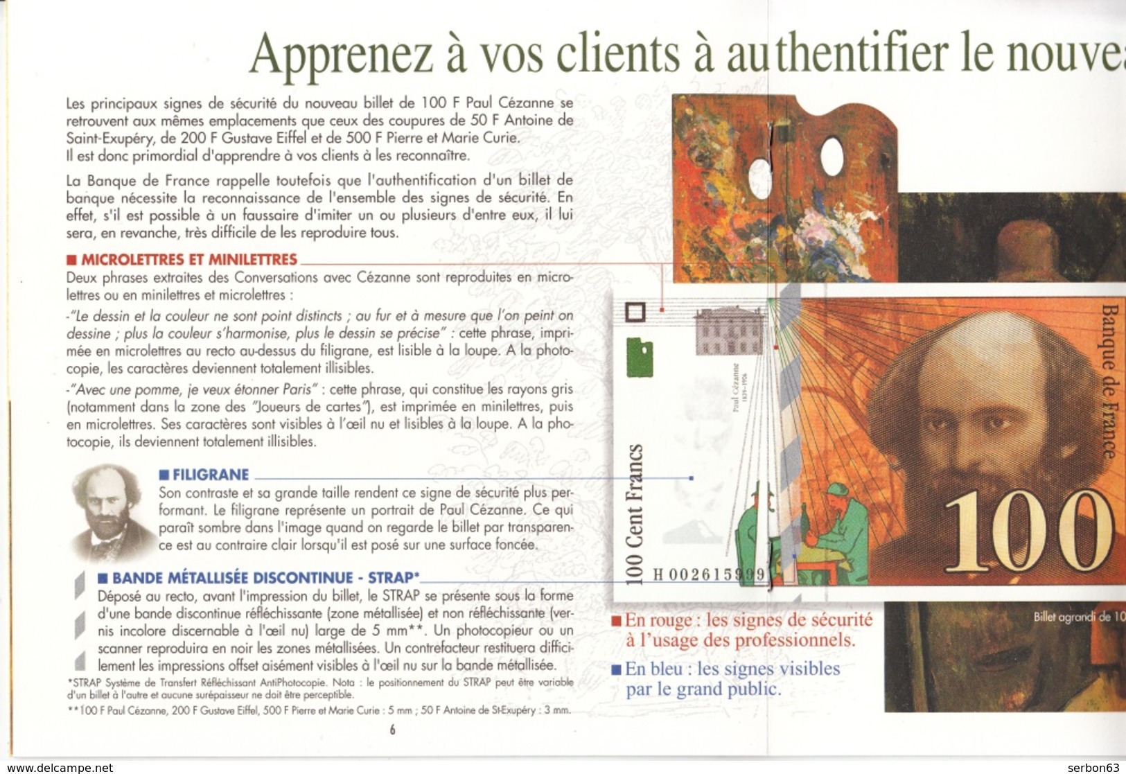 NOUVEAU BILLET DE 100 FRANCS CÉZANNE DOCUMENTATION PRÉSENTATION BANQUE DE FRANCE + SIGNES POUR L'AUTHENTIFIER PUBLICITÉ