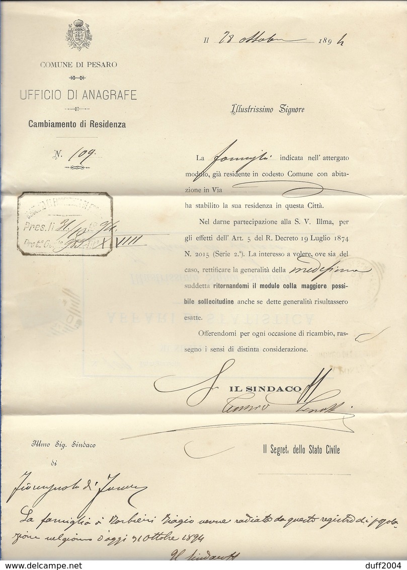 DA UFFICIO ANAGRAFE DI PESARO A FIORENZUOLA - 30.10.1894. - Storia Postale