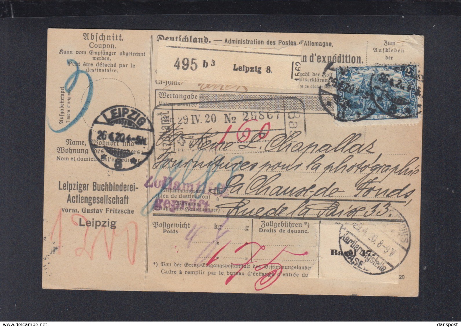 Dt. Reich Paketkarte 1920 Leipzig Nach Schweiz MeF - Storia Postale