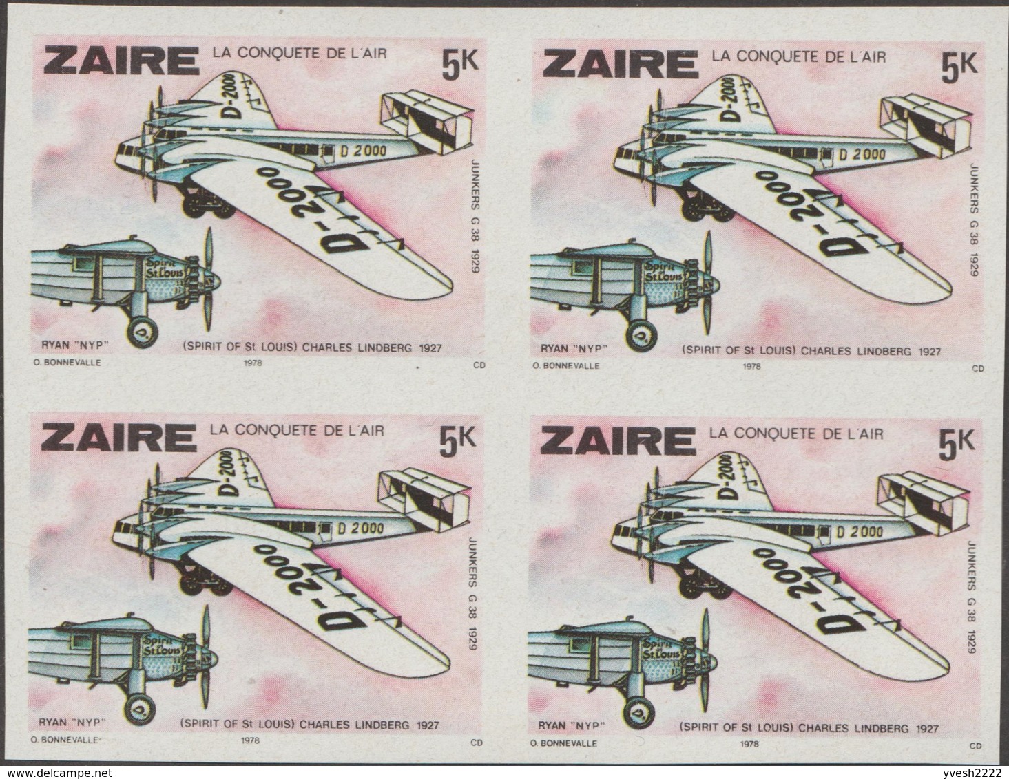 Zaïre 1978 COB 944 Michel 583. Essai En Bloc De 4 Non Dentelés, Lindberg Au Lieu De Lindbergh, Franc-maçonnerie, Avion - Fouten Op Zegels