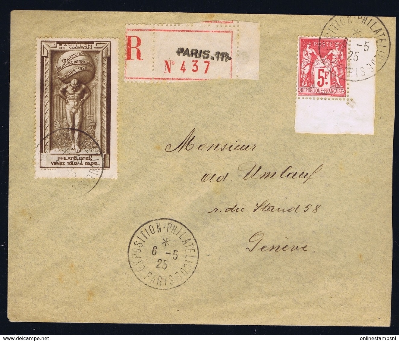 France Registered Cover 1925 Yv 216 Exposition Philatelique De Paris Coner Piece - 1921-1960: Periodo Moderno