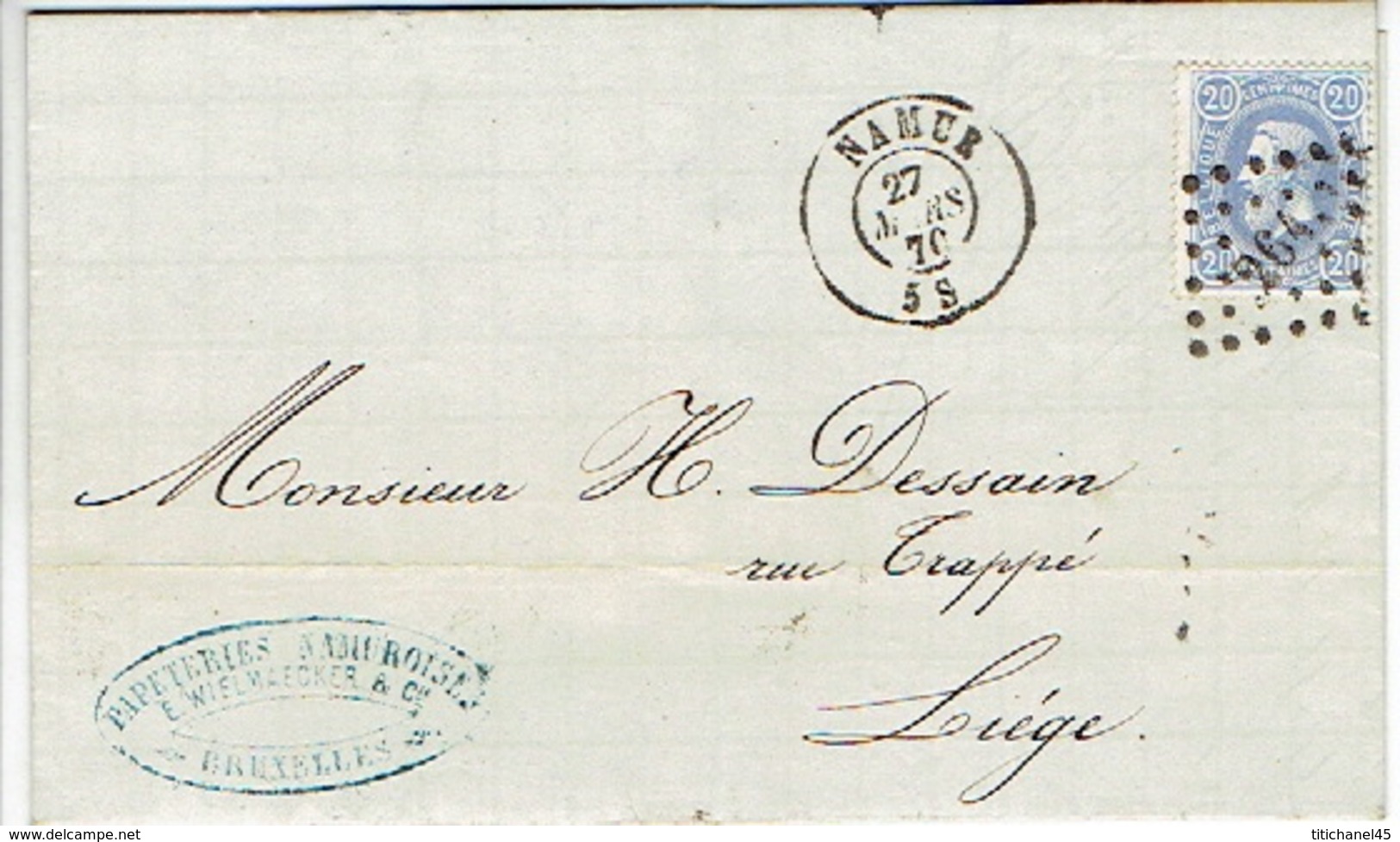 N°31 Sur LAC Oblit. LP264 NAMUR Du 27.3.0870 > LIEGE - Cachet Privé PAPETERIES NAMUROISES E. WIELMAECKER à SAINT-SERVAIS - 1869-1883 Leopold II