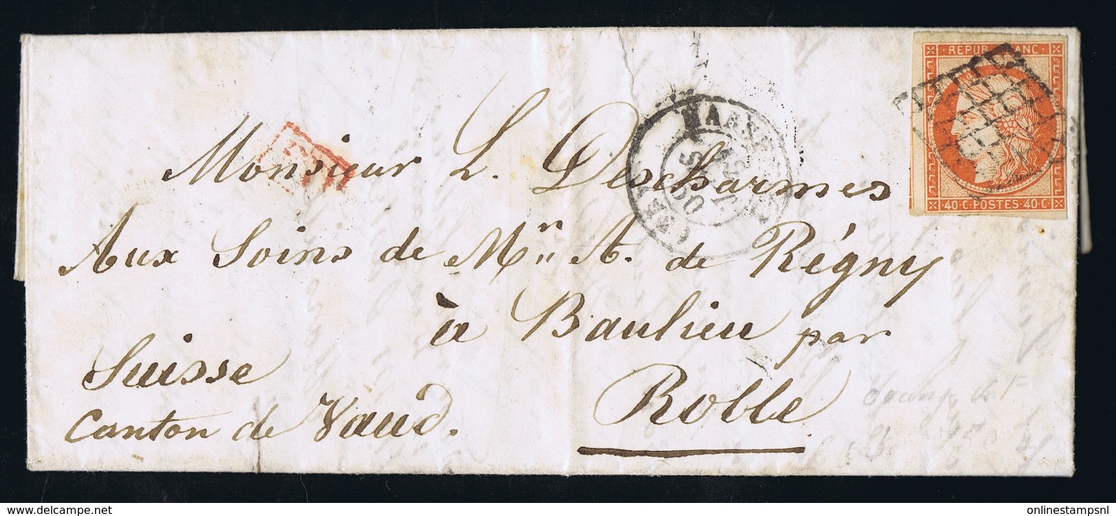 France Lettre  Yv 5 1850 Paris A Suisse Rolle PD In Rouge - 1849-1876: Periodo Classico