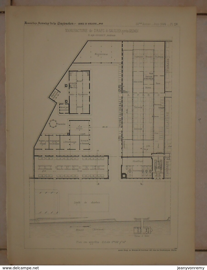 Plan D'une Manufacture De Draps à Gaulier Près De Sedan. M. Alponse Gosset, Architecte.1884. - Obras Públicas