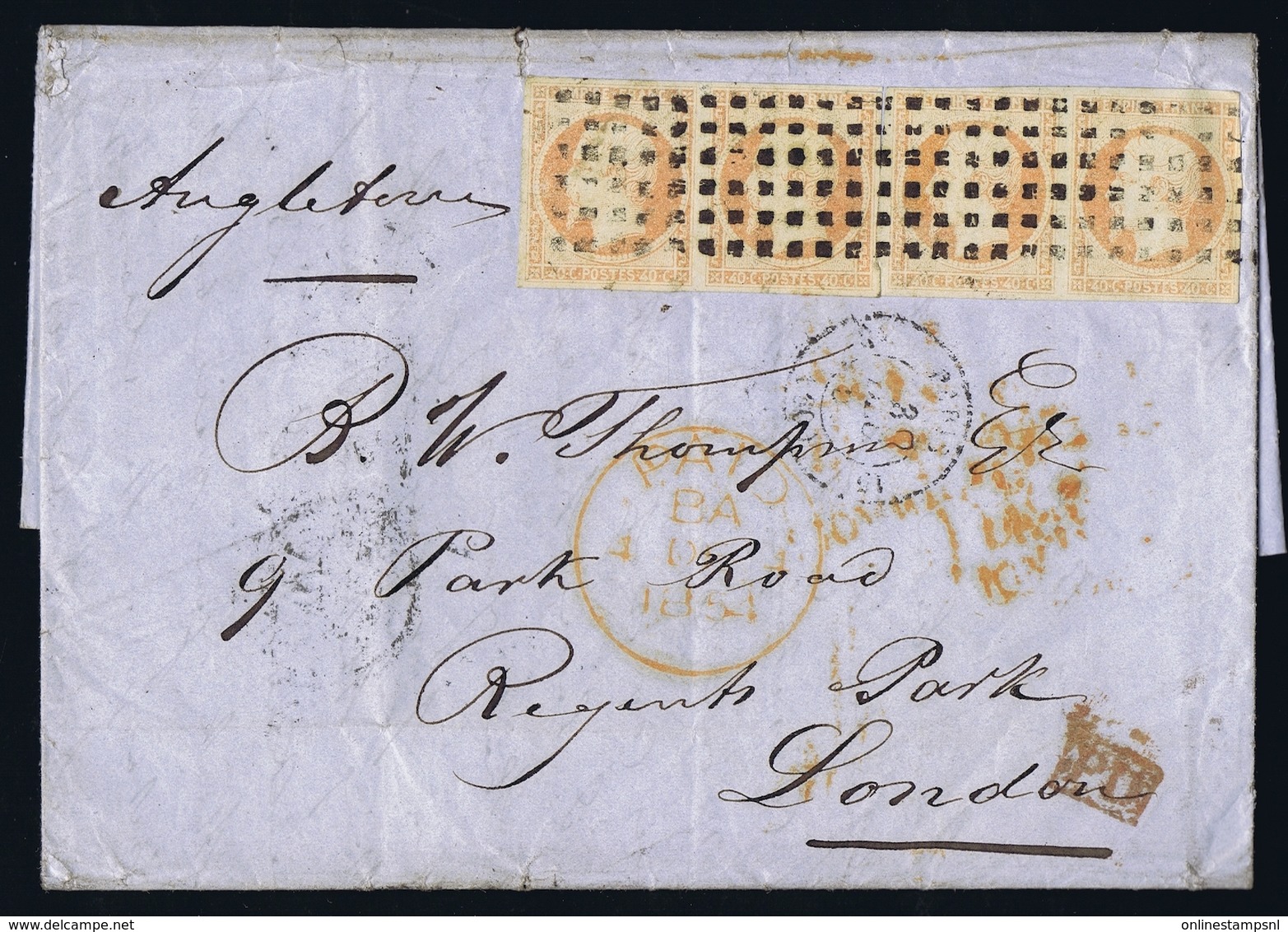 France Lettre 2 X 2  Yv 16  Grosspoint  1854 To London - 1849-1876: Klassik