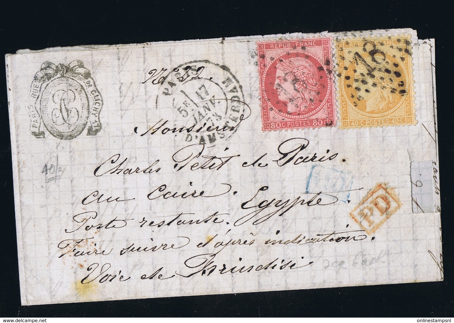 France Lettre Yv 138 + 57 1873 Paris -> Egypt  Part Letter PD In Rouge - 1849-1876: Periodo Classico