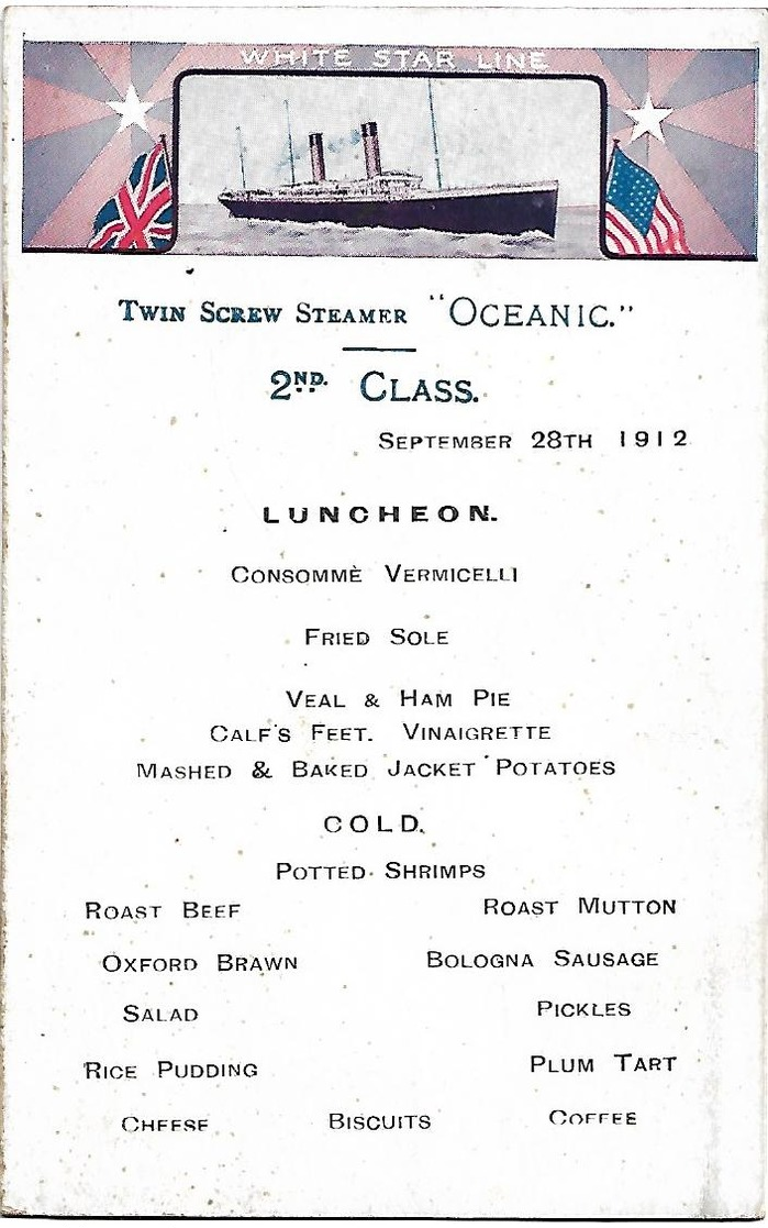 White Star Line - Twin Screw Steamer "Oceanic" Menu 1912 - Passagiersschepen