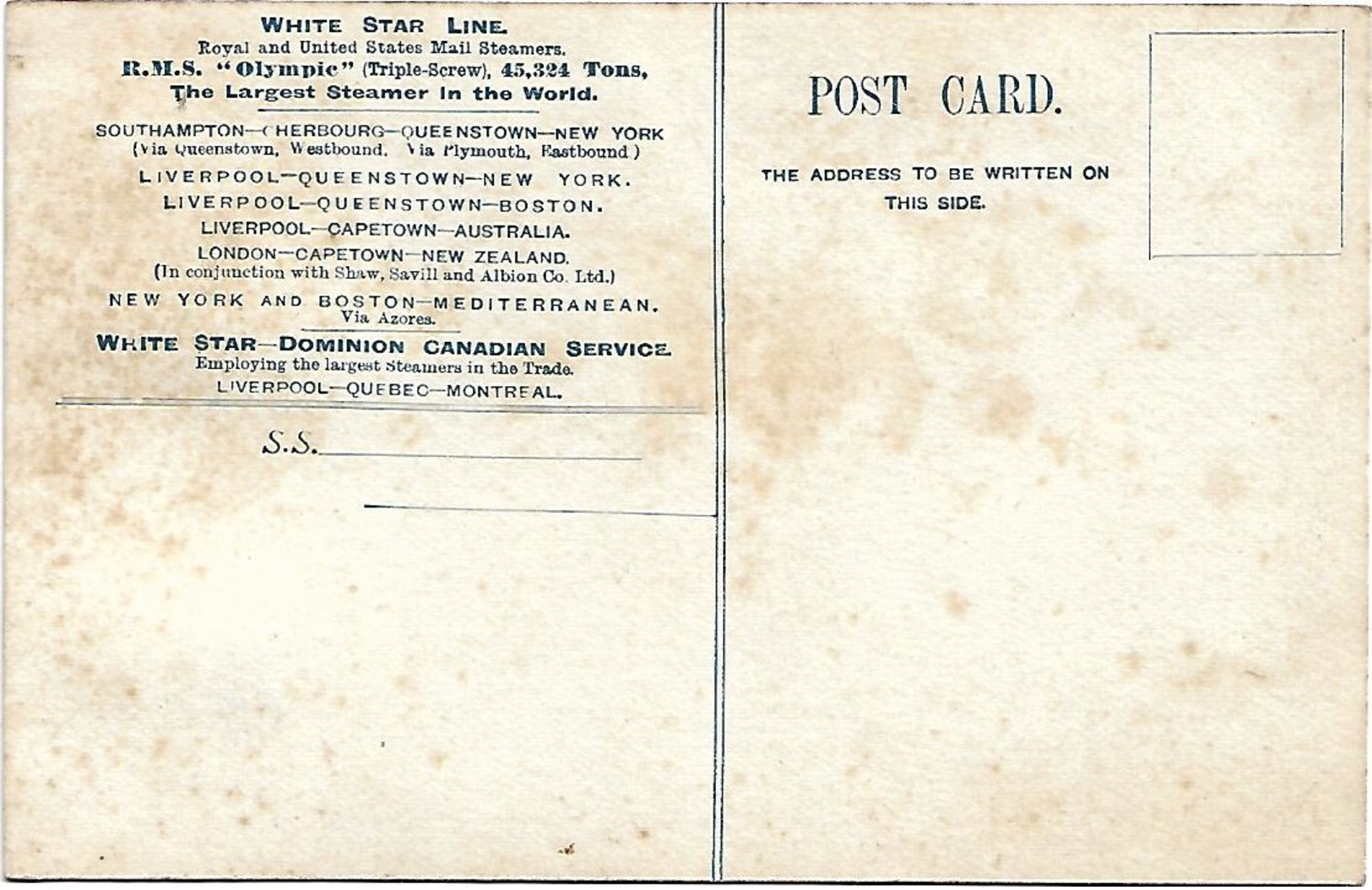 White Star Line - Twin Screw Steamer "Oceanic" Menu 1912 - Piroscafi