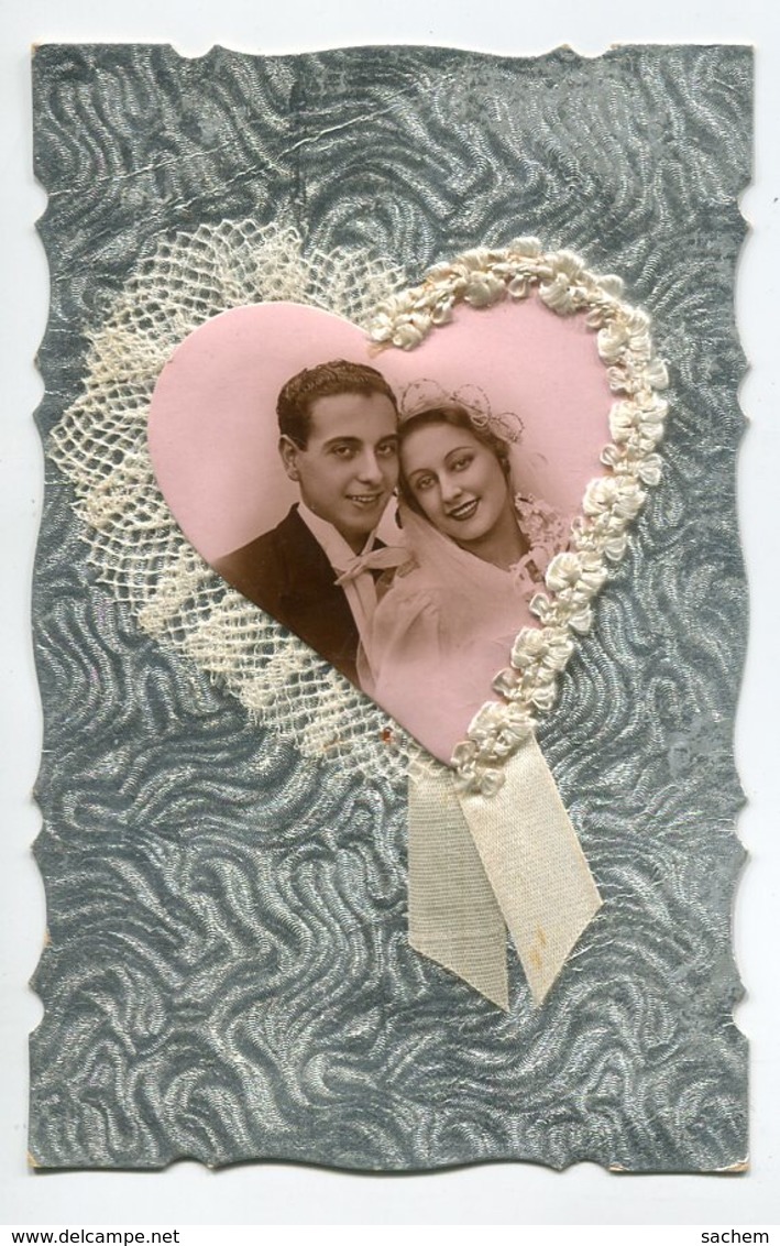 VOEUX De MARIAGE 0067 Ajoutis Collages Portrait  Couple  De Mariés Dentelle Tissy Et Ruban Blanc - Autres & Non Classés