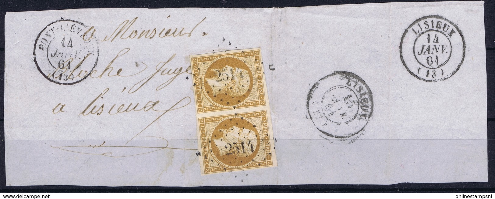 France Paire Yv 13  Fragment  PC 2514  Pont-L'Eveque Calvados Belles Marges - 1853-1860 Napoleone III