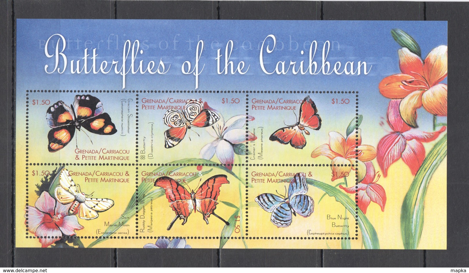 R1356 GRENADA CARRIACOU FLORA & FAUNA FLOWERS BUTTERFLIES OF THE CARIBBEAN 1KB MNH - Papillons