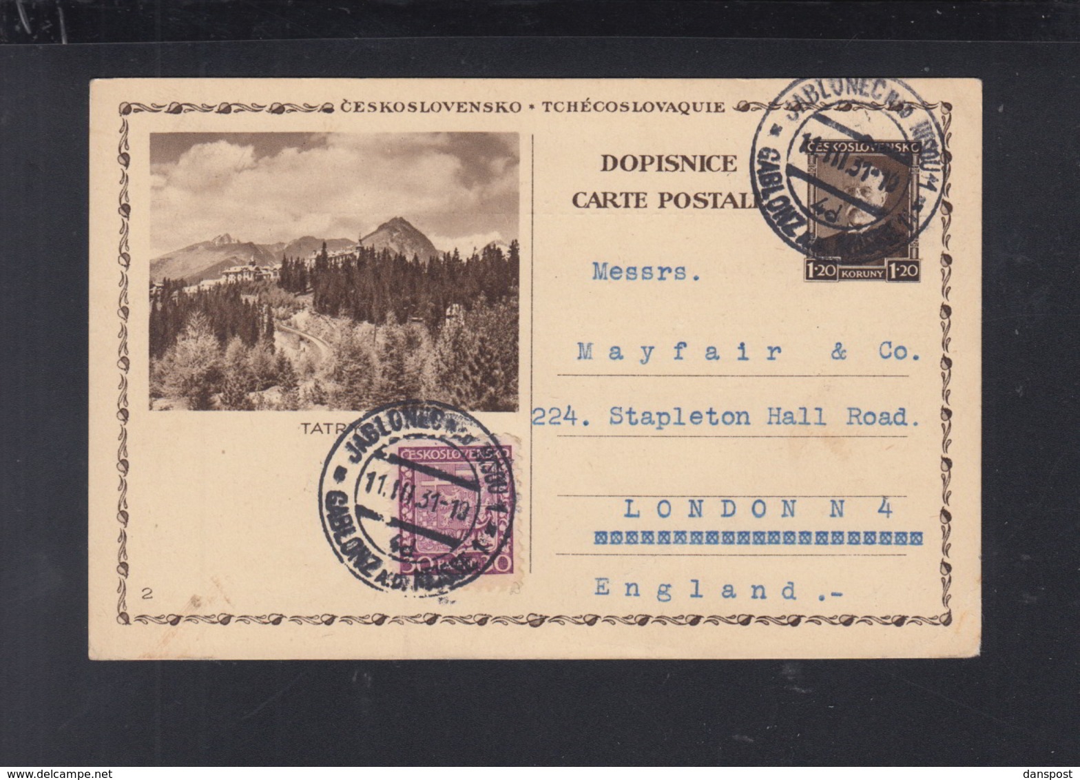 Czechoslovakia Stationery Tatra 1931 To London - Postcards