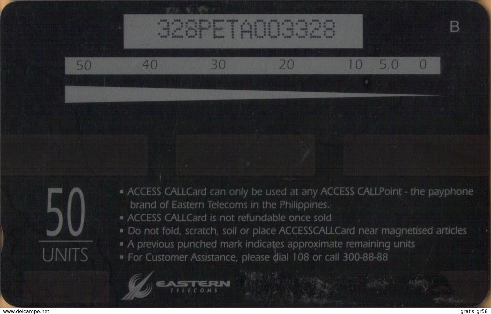 Philippines - Eastern Telecom, GPT, 328PETA, Sticker Over "Working With Cable & Wireless", Access Call, %20.000ex, Used - Filipinas