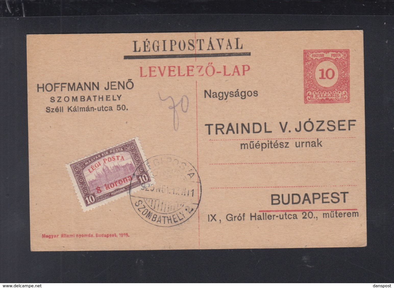 Hungary Air Mail PC 1920 Szombathely To Budapest - Covers & Documents