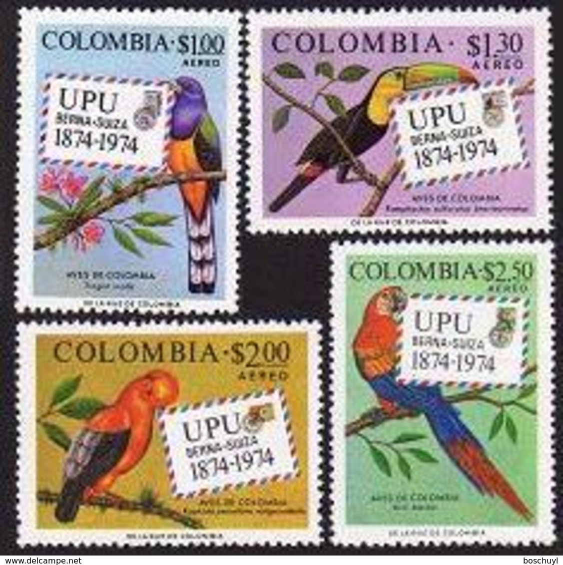 Colombia, 1974, UPU Centenary, Birds, Parrots, Universal Postal Union, United Nations, MNH, Michel 1275-1278 - Colombie