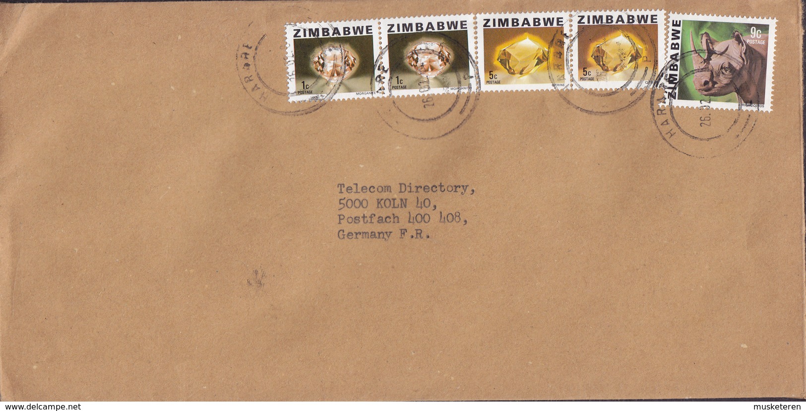 Zimbabwe HARARE 1984 Cover Brief KÖLN Germany Mineralen 2x Morganite 2x Citrine 1x Rhino Rhinoceros Stamps - Zimbabwe (1980-...)