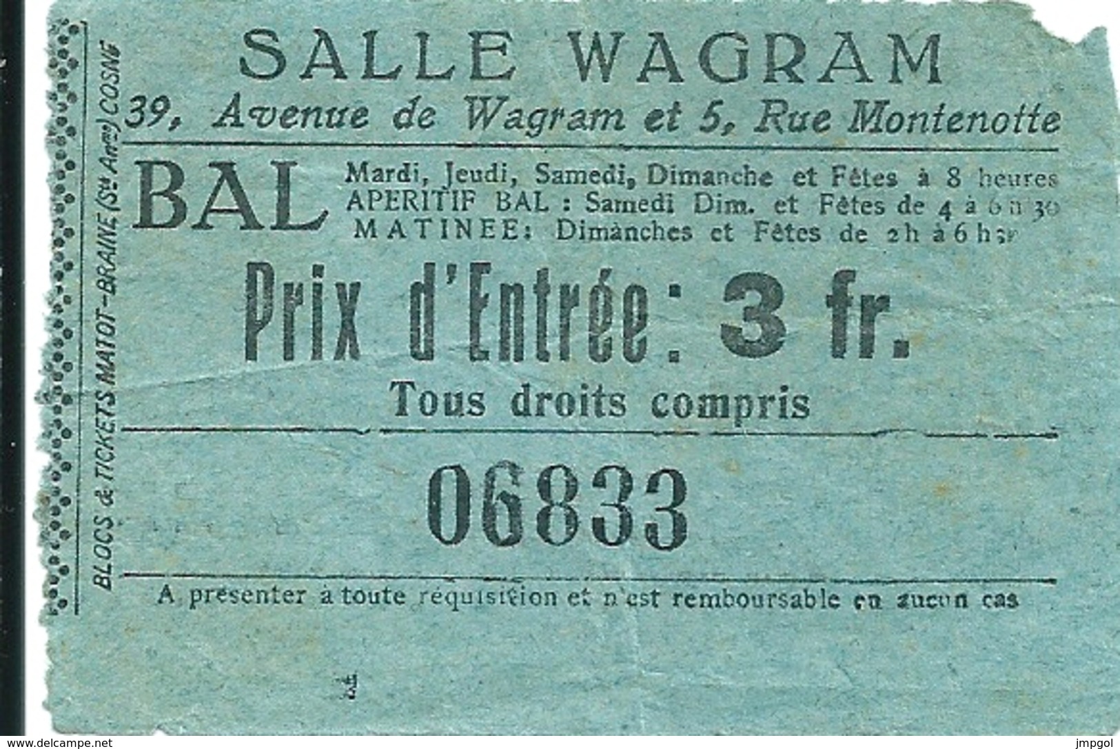 Billet Entrée Bal Salle Wagram Paris 1920 - Toegangskaarten