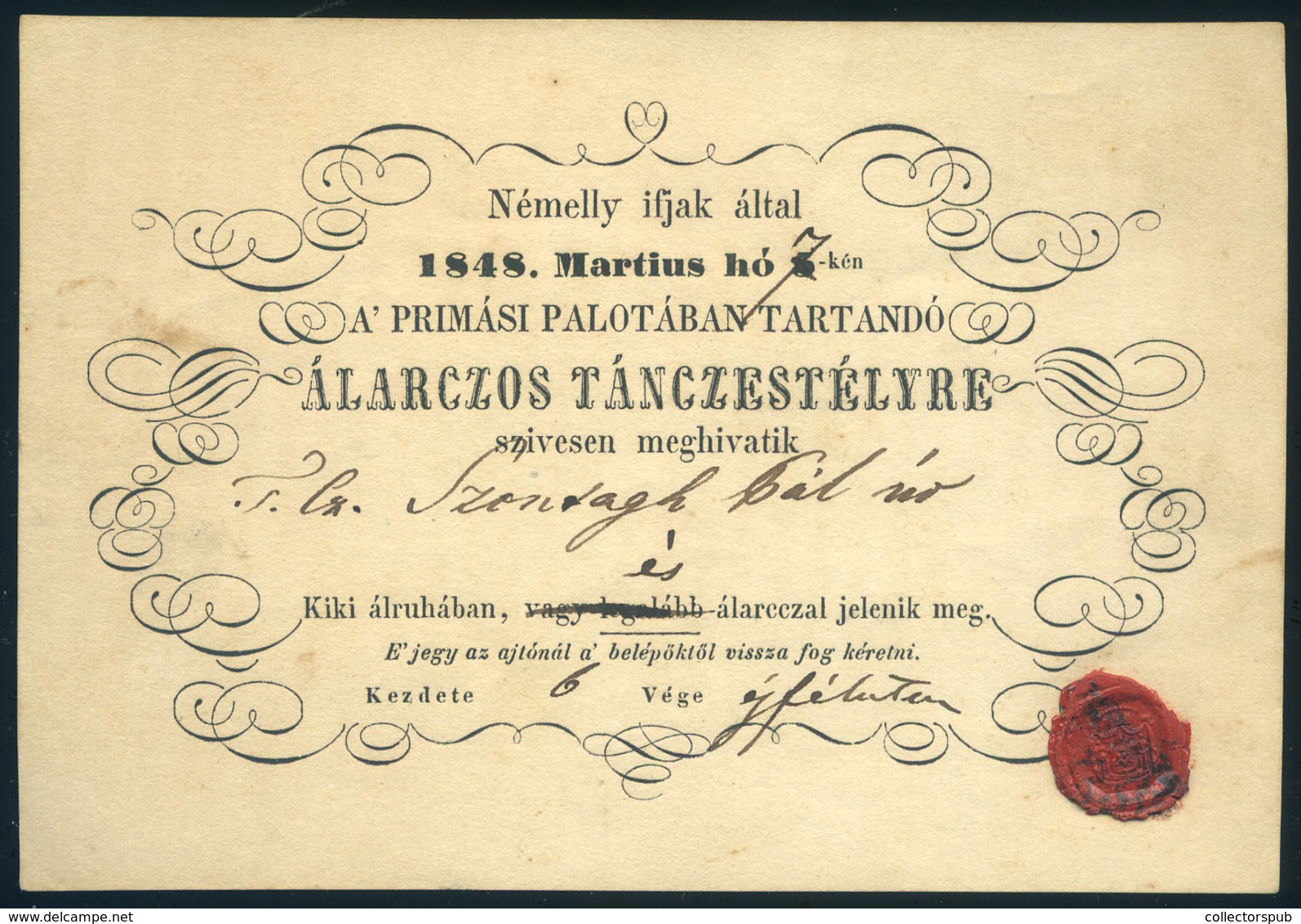 1848. 03.07. Meghívó "Álarczos Táncestélyre" Szontagh Pál (1820-1904  Főrendiház Tagja, Képviselőházi Alelnök, Belső Tit - Non Classés