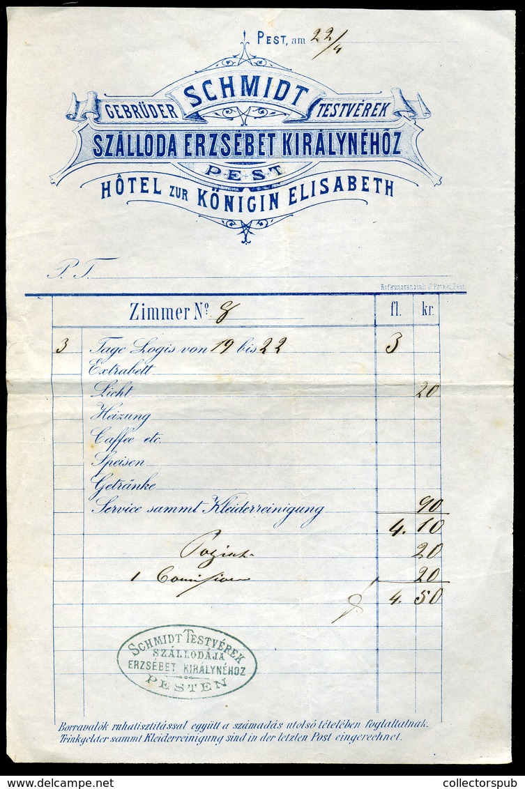 BUDAPEST 1877. Schmidt Testvérek Szálloda Erzsébet Királynéhez, Fejléces,céges Számla  /   Decorative Letterhead Bill Qu - Sin Clasificación