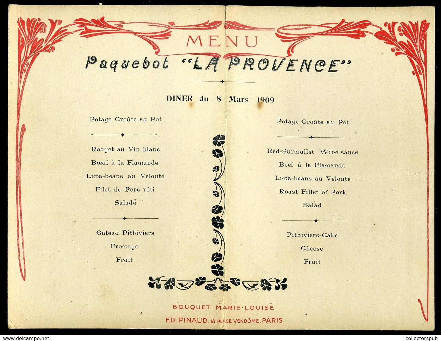 1909. Paquebot  La Provence, Dekoratív Menükártya - Menükarten