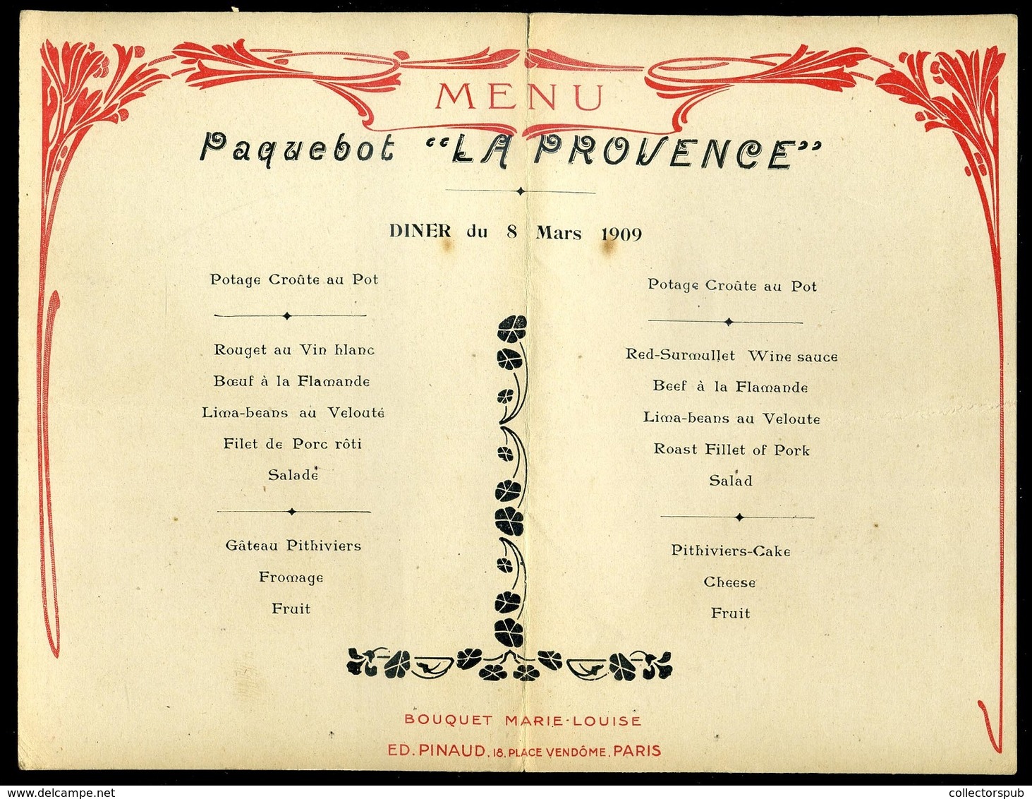 1909. Paquebot  La Provence, Dekoratív Menükártya - Menus