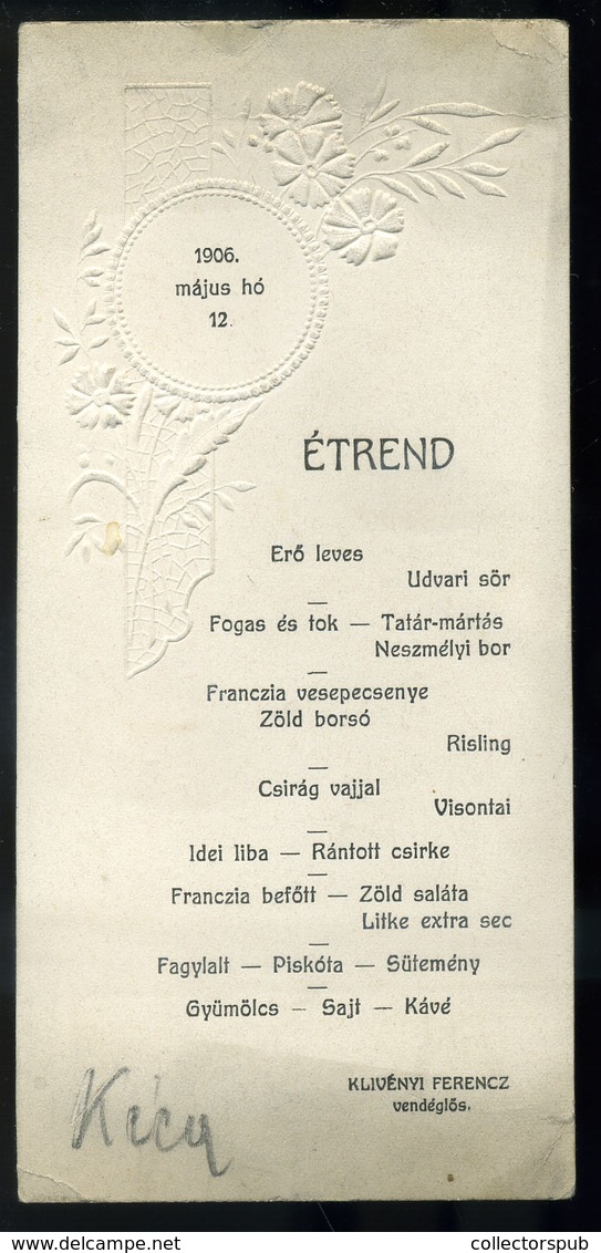 MENÜKÁRTYA , 1906. Budapest, Klivényi Ferenc étterme, Szép Dombornyomás.  /  MENU CARD 1906 Budapest Restaurant Nice Emb - Zonder Classificatie