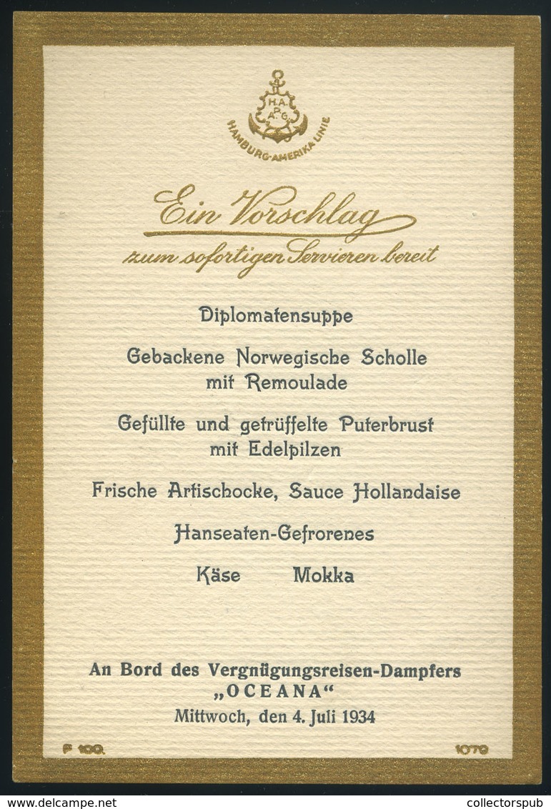 HAMBURG-AMERIKA LINE Dampfer Oceana, 6db Különböző Menükártya! 1934. - Menus