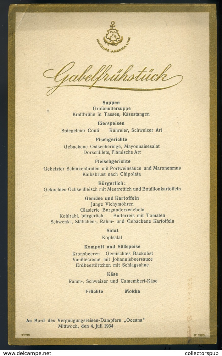 HAMBURG-AMERIKA LINE Dampfer Oceana, 6db Különböző Menükártya! 1934. - Menus