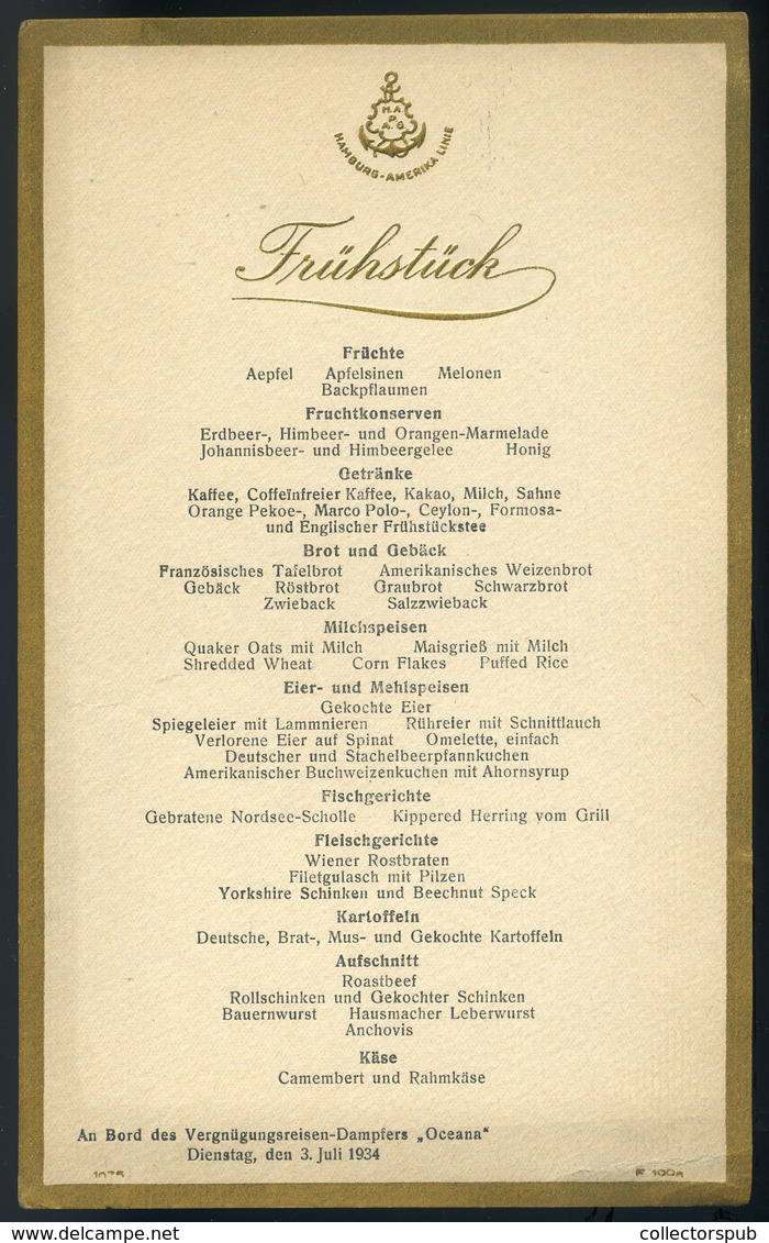 HAMBURG-AMERIKA LINE Dampfer Oceana, 6db Különböző Menükártya! 1934. - Menus