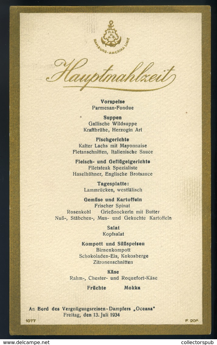 HAMBURG-AMERIKA LINE Dampfer Oceana, 6db Különböző Menükártya! 1934. - Menus