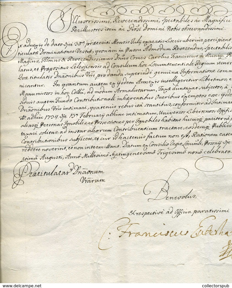 POZSONY 1739. Ex Off Levél Eperjesre Küldve, Gróf Eszterházy Ferenc Borsodi Főispán Aláírásával!  /  Official Letter To  - ...-1867 Prephilately