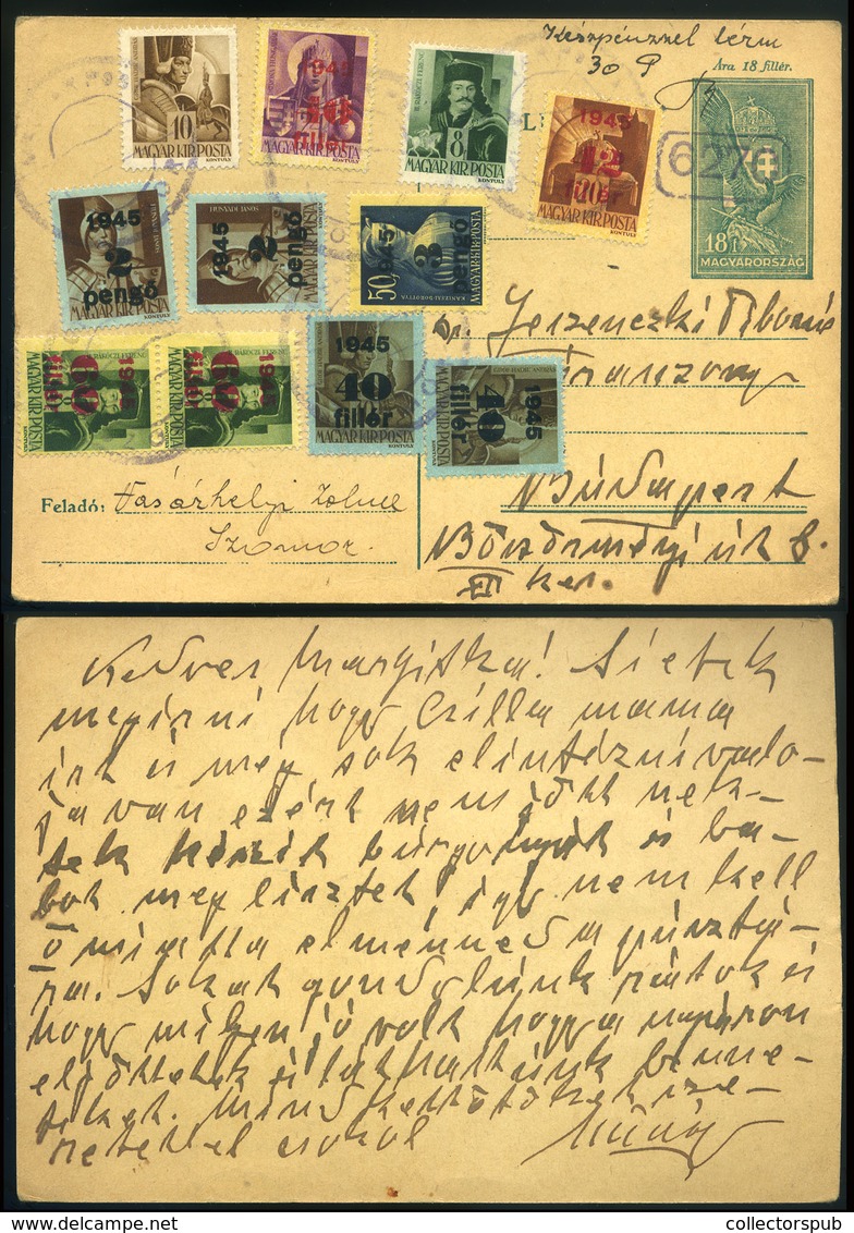 SZOMOR 1945.11. 11 Bélyeggel Kiegészített Díjjegyes Lap + 30P Kp Bérmentesítéssel, Kisegítő Bélyegzéssel Budapestre Küld - Covers & Documents