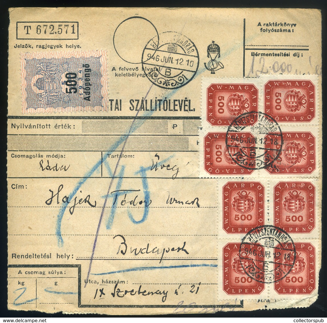 HÉVÍZSZENTANDRÁS 1946.06.12. Dekoratív Inflációs Csomagszállító Budapestre Küldve - Covers & Documents