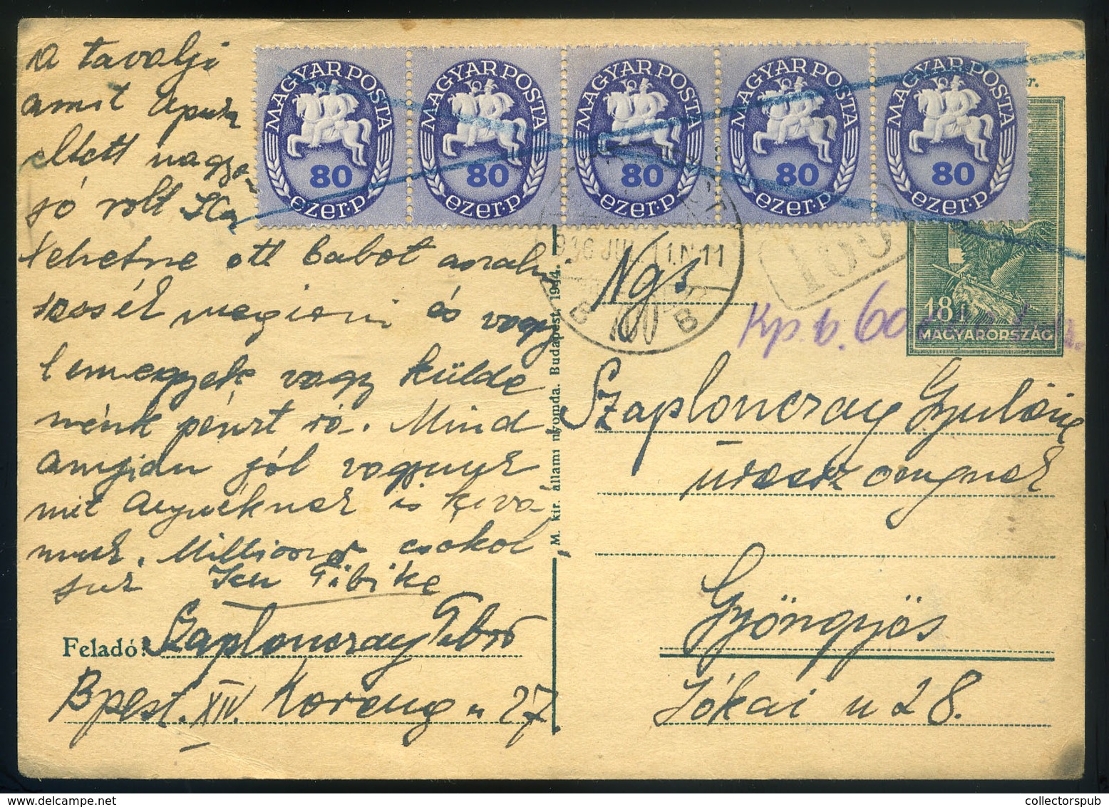 BUDAPEST 1946.07.11. Díjjegyes Levlap, érvénytelen Lovasfutár Bélyegekkel 60.000 Billió P Kp Bérmentesítéssel Gyöngyösre - Covers & Documents