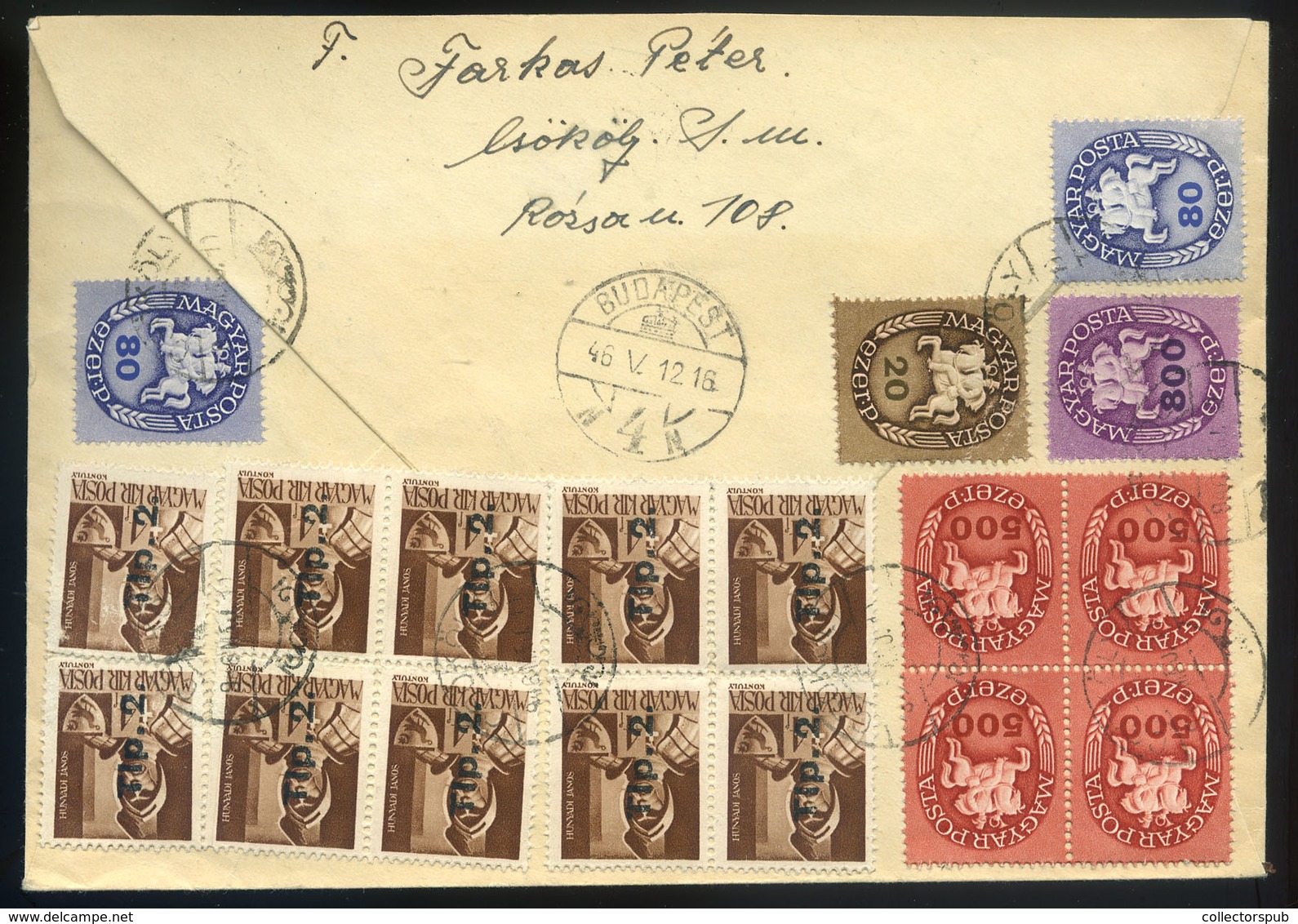 CSÖKÖLY 1946.05.10. (15dsz Első Nap) Dekoratív Lovasfutár-Betűs Bérmentesítésű Infla Levél Budapestre - Covers & Documents
