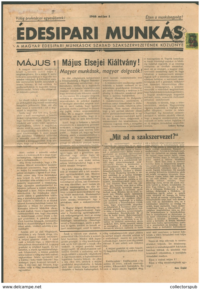 BUDAPEST 1946. Május 1. II. Infláció, Édesipari Munkás , Régi újság Betűs,Nyomtatvány 20gr. Egyes Bérmentesítéssel . Rit - Briefe U. Dokumente