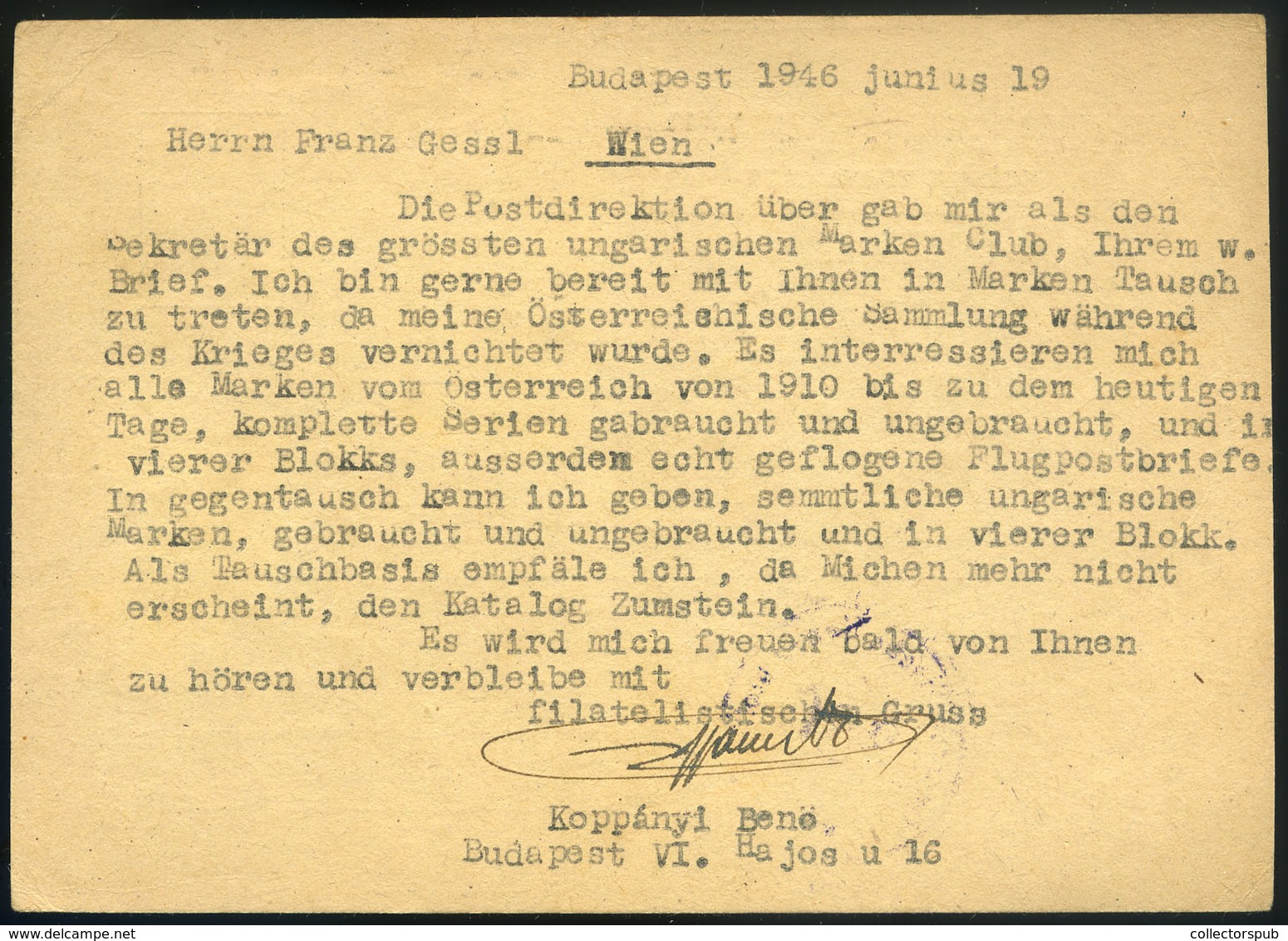 BUDAPEST 1946.06.19. (20. Dsz. Utolsó Nap) Cenzúrázott Levlap, Egybélyeges 50000 MilP Bérmentesítéssel Bécsbe. Ritka! - Covers & Documents